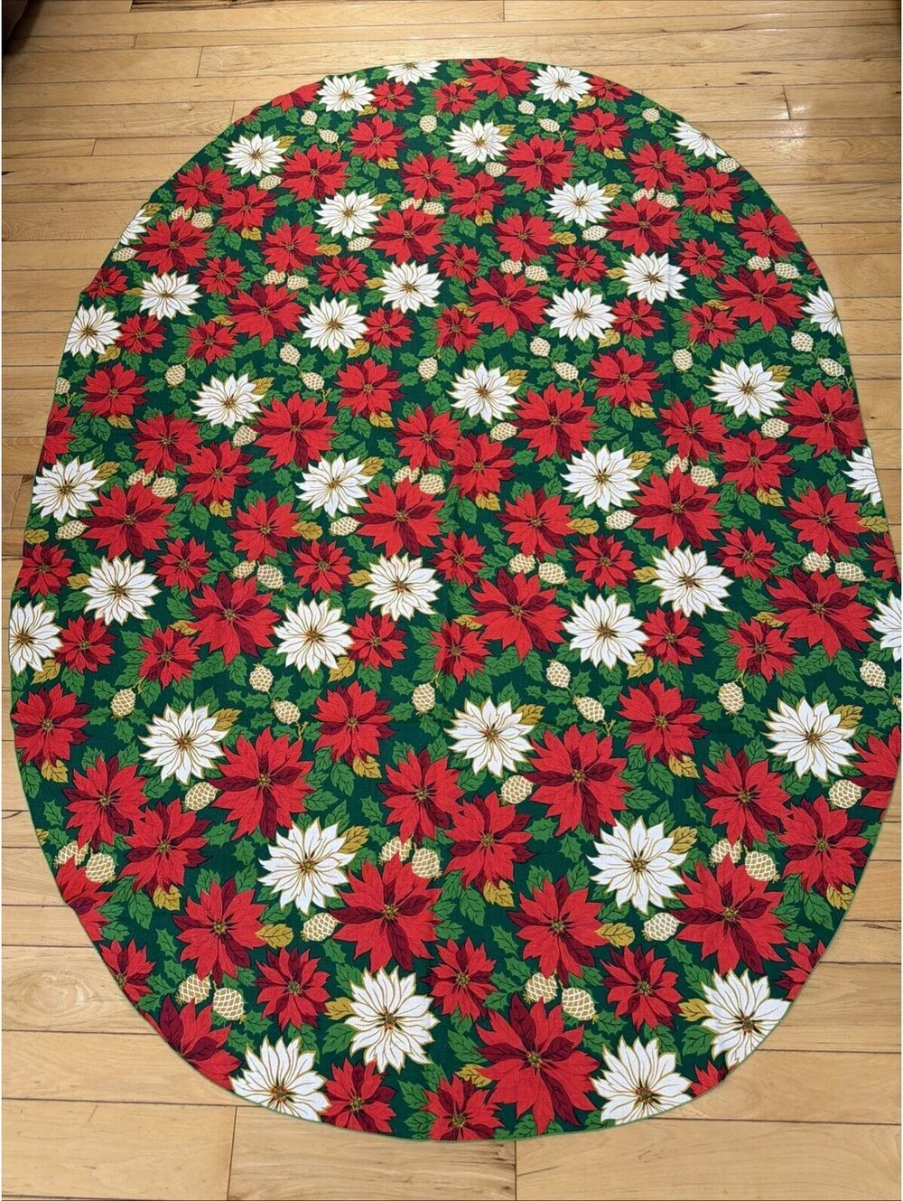 Vintage Christmas 1960s Holiday Tablecloth Poinsettia Pinecones Oval 56x78” MCM